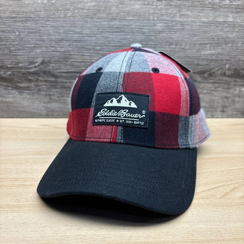 Eddie Bauer Hat Cap Strap Back Red Black Buffalo Check Plaid Flannel Outdoor NWT